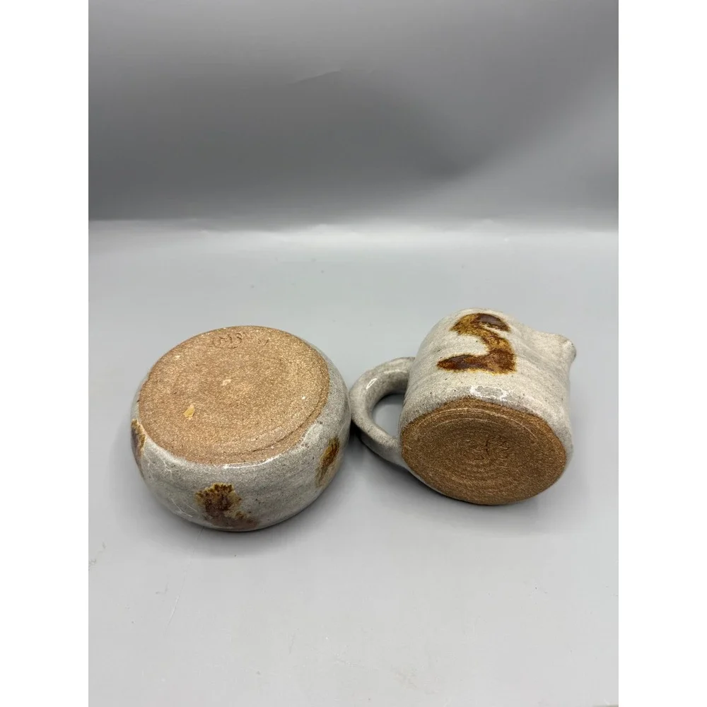 Vtg Studio Pottery Sugar Creamer Set Rustic Stoneware‎ Boho Farmhouse Kitchen